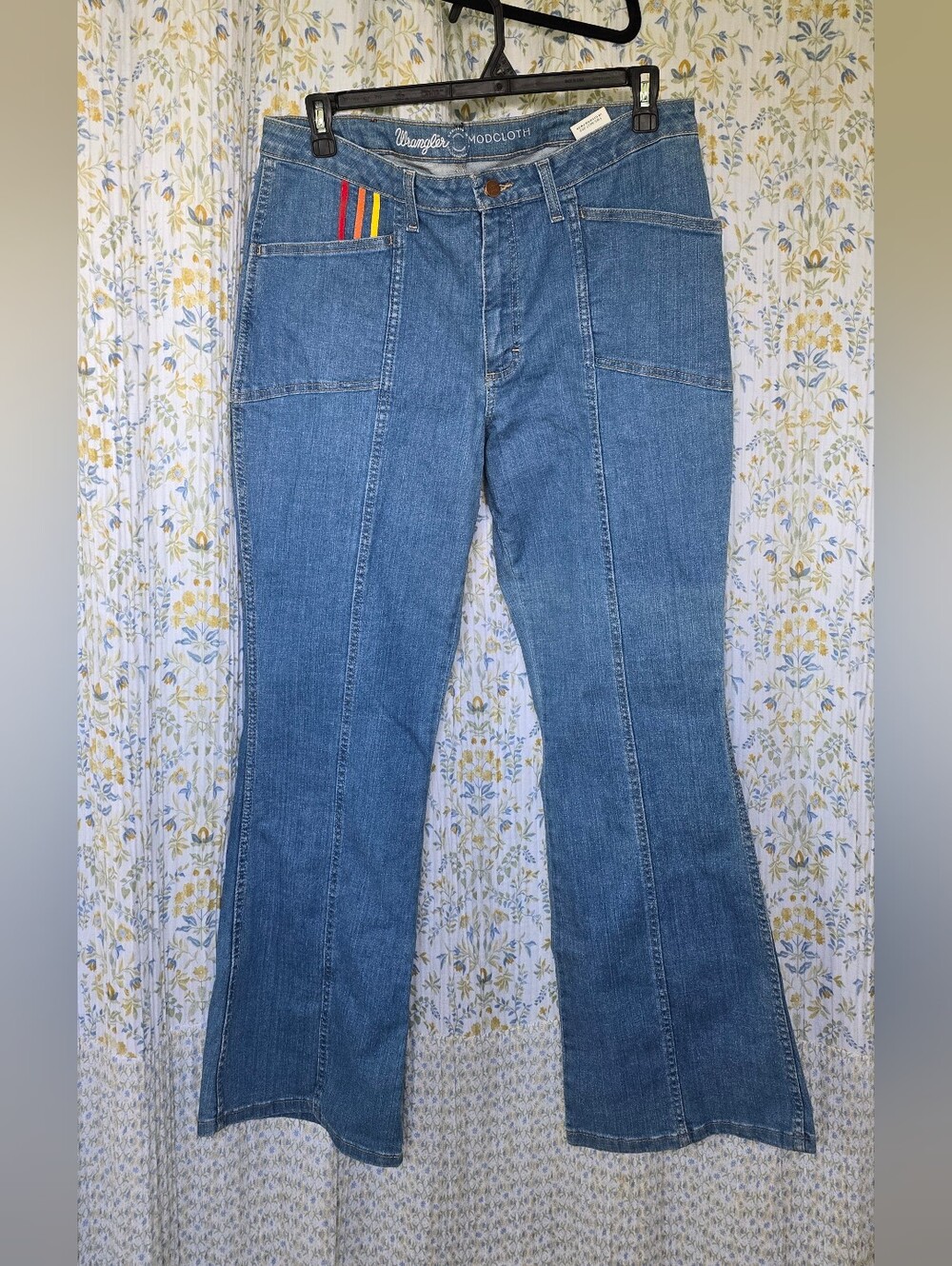 Wrangler Denim Bootcut Jeans with Red, Yellow & Orange Stripe Detail